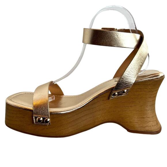 SCHUTZ Lansy Buckle Ankle Strap Wooden-sole Platform Sandals in Gold Size 9.5 - Picture 3 of 13